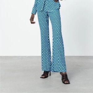 Zara Teal Geometric Print Flare Pants